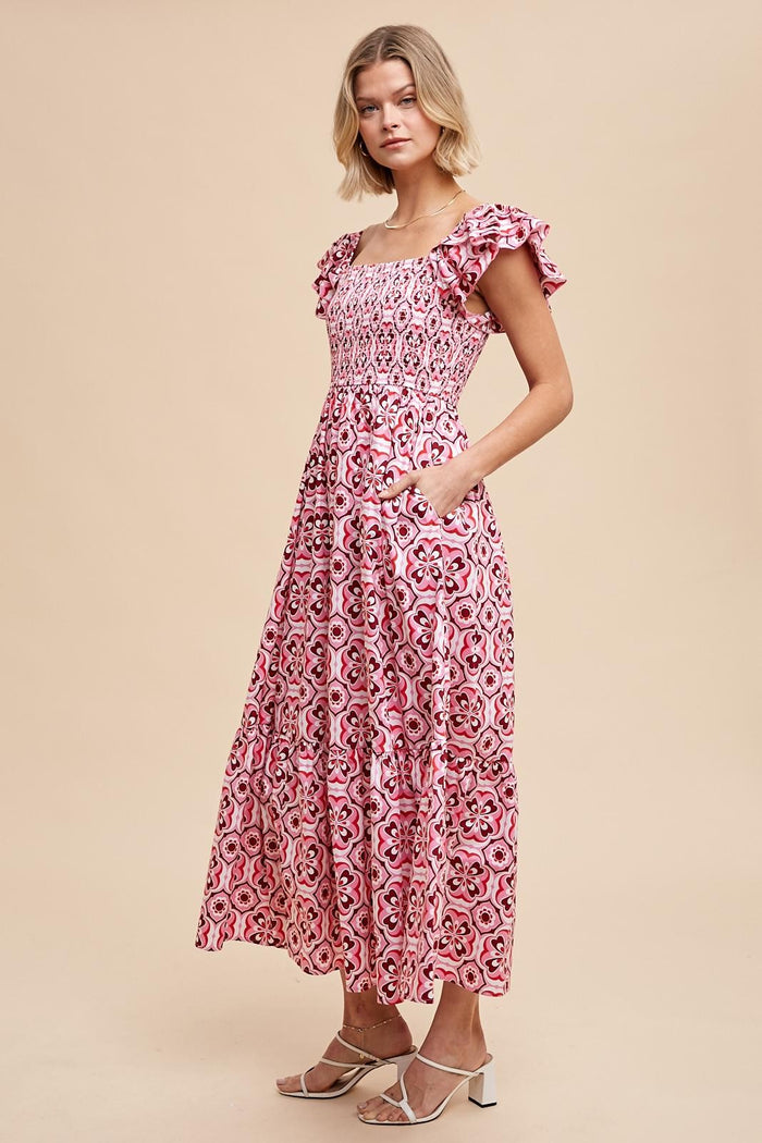 Magenta Floral Flutter Cap Sleeve Maxi Dress
