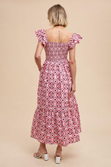 Magenta Floral Flutter Cap Sleeve Maxi Dress