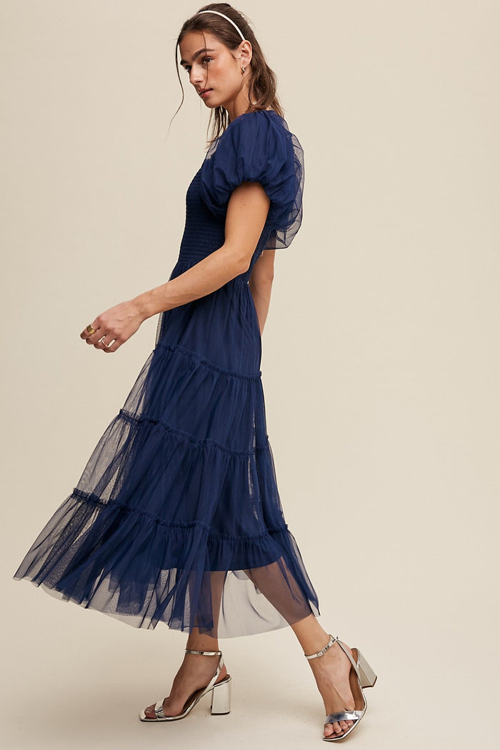 Navy Smocked Tiered Tulle Midi Dress