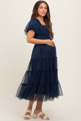 Navy Smocked Tiered Tulle Maternity Midi Dress