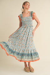 Light Blue Floral Smocked Midi Dress