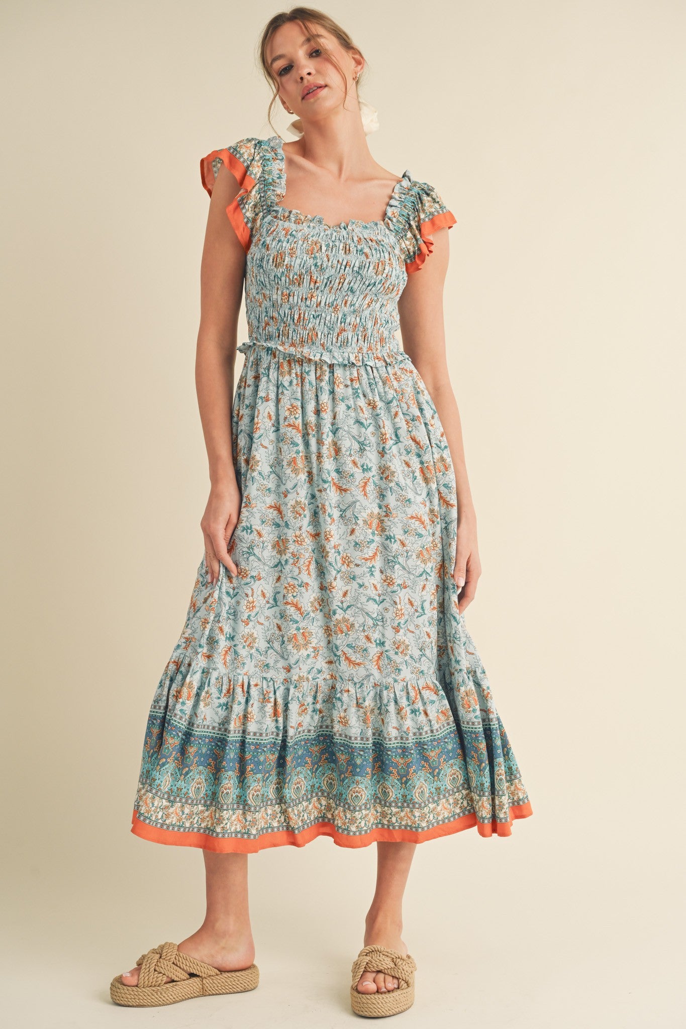 Light Blue Floral Smocked Midi Dress
