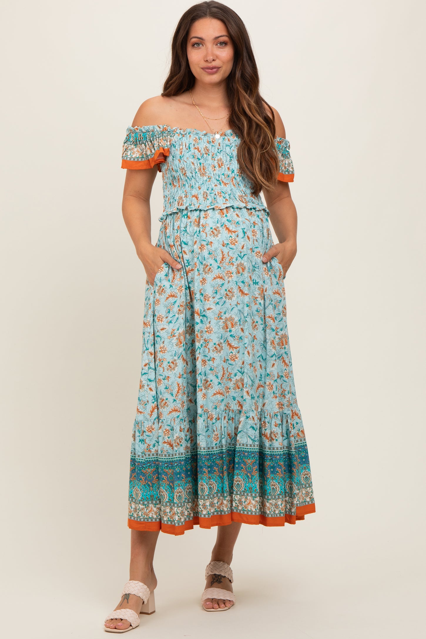Light Blue Floral Smocked Maternity Midi Dress