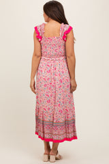 Pink Floral Smocked Maternity Midi Dress