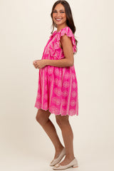 Pink Embroidered Flutter Sleeve Maternity Dress