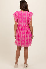 Pink Embroidered Flutter Sleeve Maternity Dress