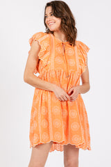 Orange Embroidered Flutter Sleeve Dress