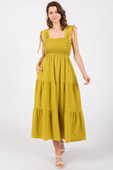 Light Olive Smocked Sleeveless Drawstring Shoulder Tiered Maternity Midi Dress