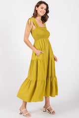 Light Olive Smocked Sleeveless Drawstring Shoulder Tiered Midi Dress