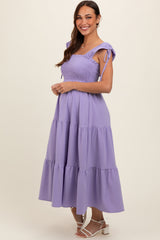 Lavender Smocked Sleeveless Drawstring Shoulder Tiered Maternity Midi Dress