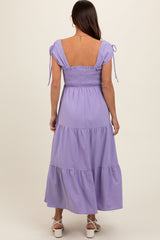 Lavender Smocked Sleeveless Drawstring Shoulder Tiered Maternity Midi Dress