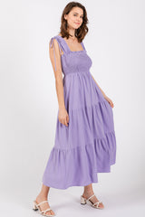 Lavender Smocked Sleeveless Drawstring Shoulder Tiered Midi Dress