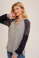 Heather Grey Mixed Fabric Notched Neck Pullover