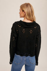 Black Pointelle Collared Button Down Sweater Cardigan
