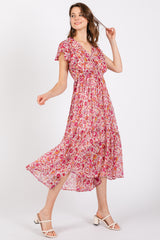 Pink Floral Chiffon Flutter Sleeve Ruffle Hem Midi Dress