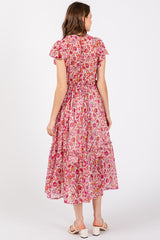 Pink Floral Chiffon Flutter Sleeve Ruffle Hem Midi Dress