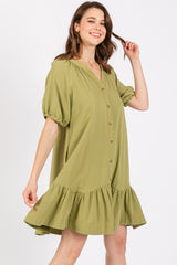 Light Olive Button Front Short Puff Sleeve Dress