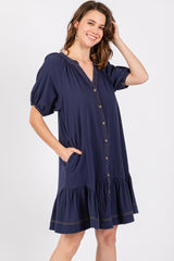 Navy Blue Button Front Short Puff Sleeve  Dress