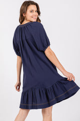 Navy Blue Button Front Short Puff Sleeve  Dress