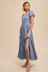 Elemental Blue Linen Blend Maxi Dress With Corset Back