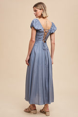 Elemental Blue Linen Blend Maxi Dress With Corset Back