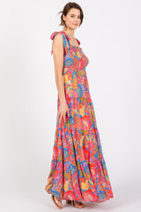 Magenta Floral Shoulder Tier Smocked Maxi Dress