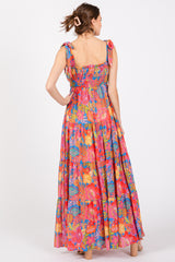 Magenta Floral Shoulder Tier Smocked Maxi Dress