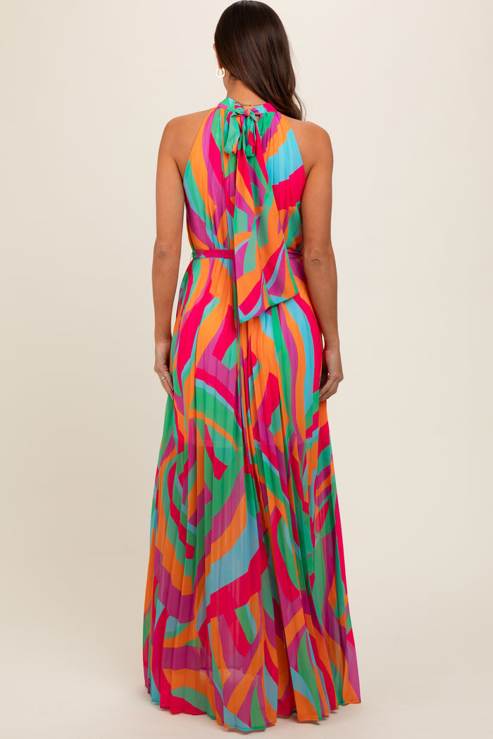 Multicolor Print Pleated Halter Maternity Maxi Dress