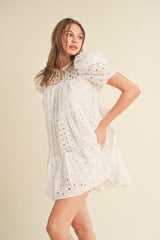 White Floral Eyelet Puff Sleeve Mini Dress