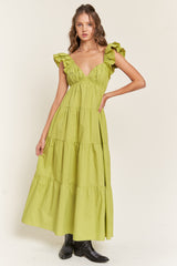 Lime Flutter Sleeve Tiered Maxi Dress