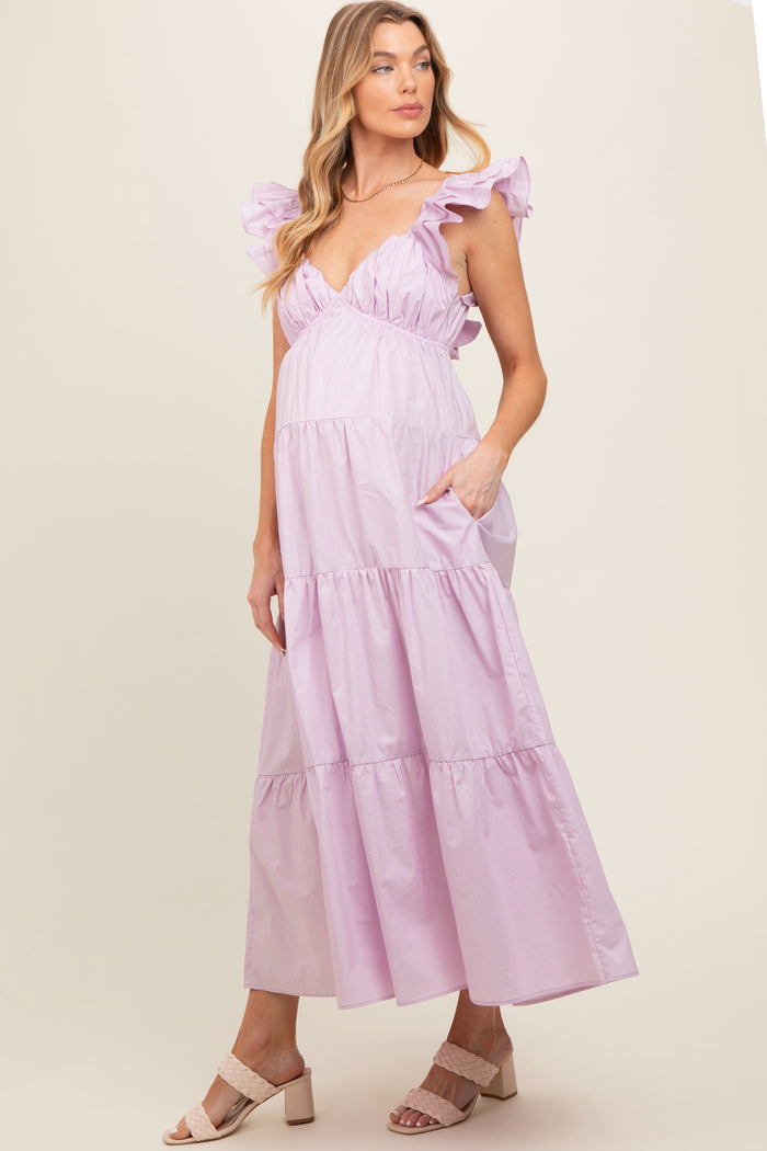 Lavender Flutter Sleeve Tiered Maternity Maxi Dress