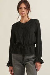 Black Solid Floral Lace Long Sleeve Flared Hem Blouse