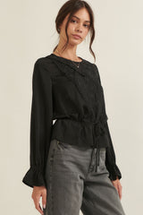 Black Solid Floral Lace Long Sleeve Flared Hem Blouse