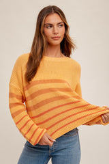 Orange Round Neck Striped Knit Sweater