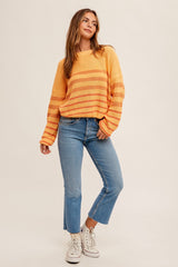 Orange Round Neck Striped Knit Sweater