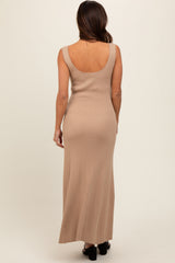 Beige Knit Deep V-Neck Maternity Maxi Dress