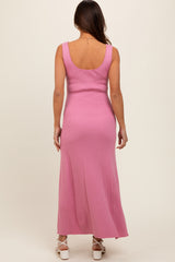 Pink Knit Maternity Deep V-Neck Maternity Maxi Dress