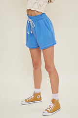 Blue Drawstring Fringe Hem Shorts