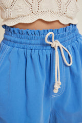 Blue Drawstring Fringe Hem Shorts