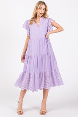 Lavender V-Neck Eyelet Detail Ruffle Shoulder Tiered Midi Dress