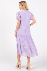 Lavender V-Neck Eyelet Detail Ruffle Shoulder Tiered Midi Dress