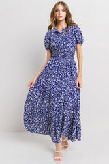 Navy Floral Print Tiered Maxi Dress