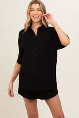 Black Linen Blend Short Sleeve Maternity Short Set