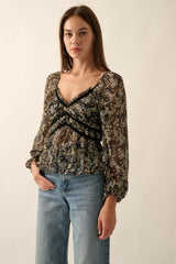 Black Floral Sweetheart Neck Semi Sheer Low Back Blouse