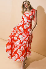 Red Leaf Floral Maxi Dress