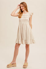 Taupe Flutter Ribbon Tie Back Tiered Stripe Mini Dress