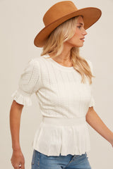 Ecru Flounce Sleeve Peplum Knit Top