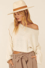 Cream Loose Knit Boat Neck Exposed Seam Crop Sweater