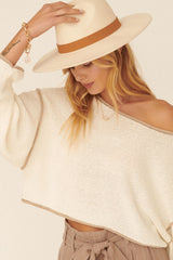 Cream Loose Knit Boat Neck Exposed Seam Crop Sweater