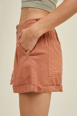 Clay Linen Shorts With Pleated Detail